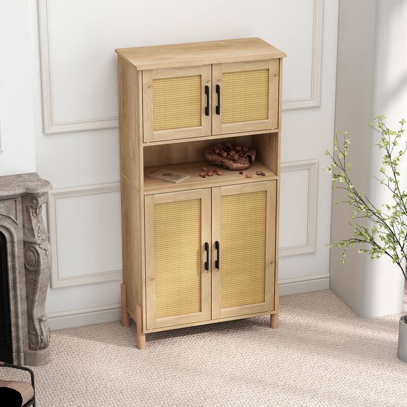 Mid-Century Modern 4-Door Storage Cabinet with Woven Rattan Doors & Adjustable Shelves - Perfect for Living Room & Dining Room