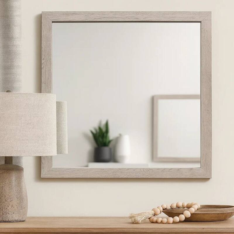 Transitional Style Square Mirror with Wooden Frame, Brown