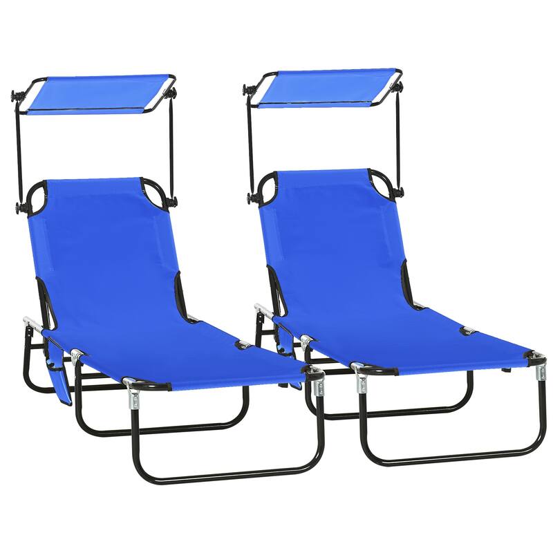 Outdoor Folding Pool Lounge Chairs & Beach Chairs with Canopy Shade, Reclining Back and Side Pocket, Set of 2 - Blue