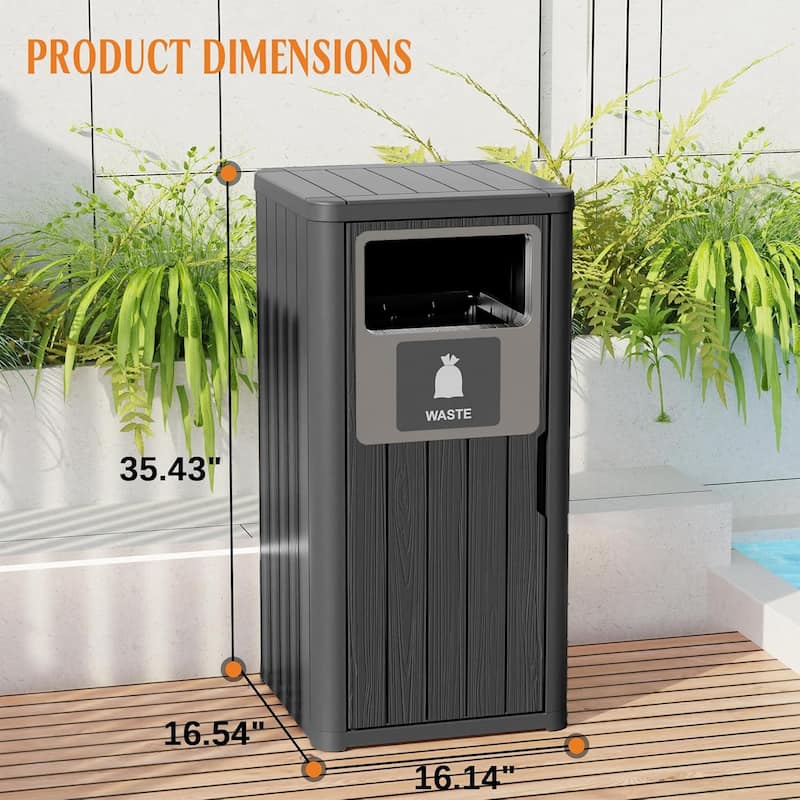 Single-Barrel Outdoor Trash Can,Waterproof Resin Garbage Can with Garbage Labels,Durable Waste Bin for, Backyard, Porch