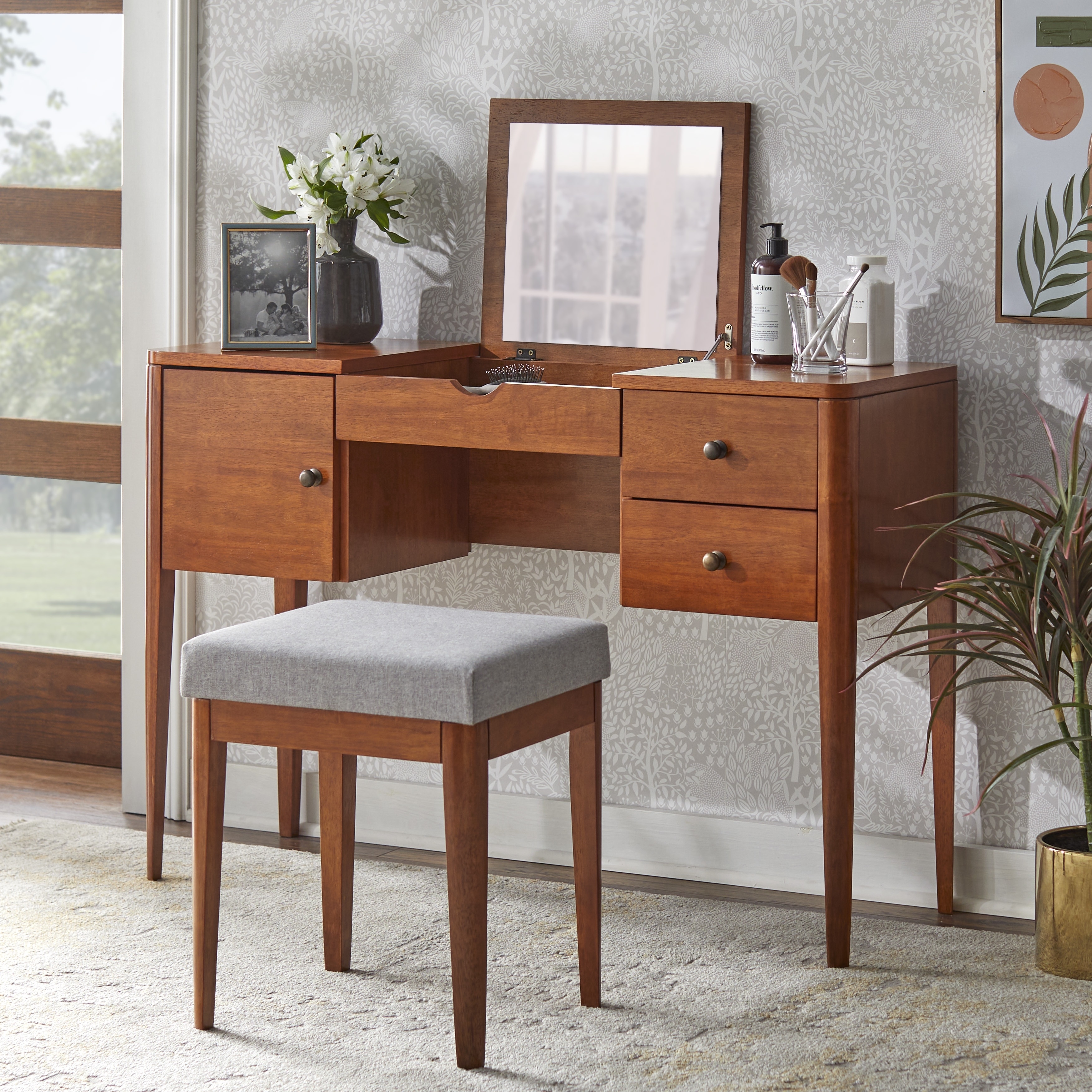 Lifestorey Parc Acacia Wood Vanity Desk, Fold-Down Mirror - Bed
