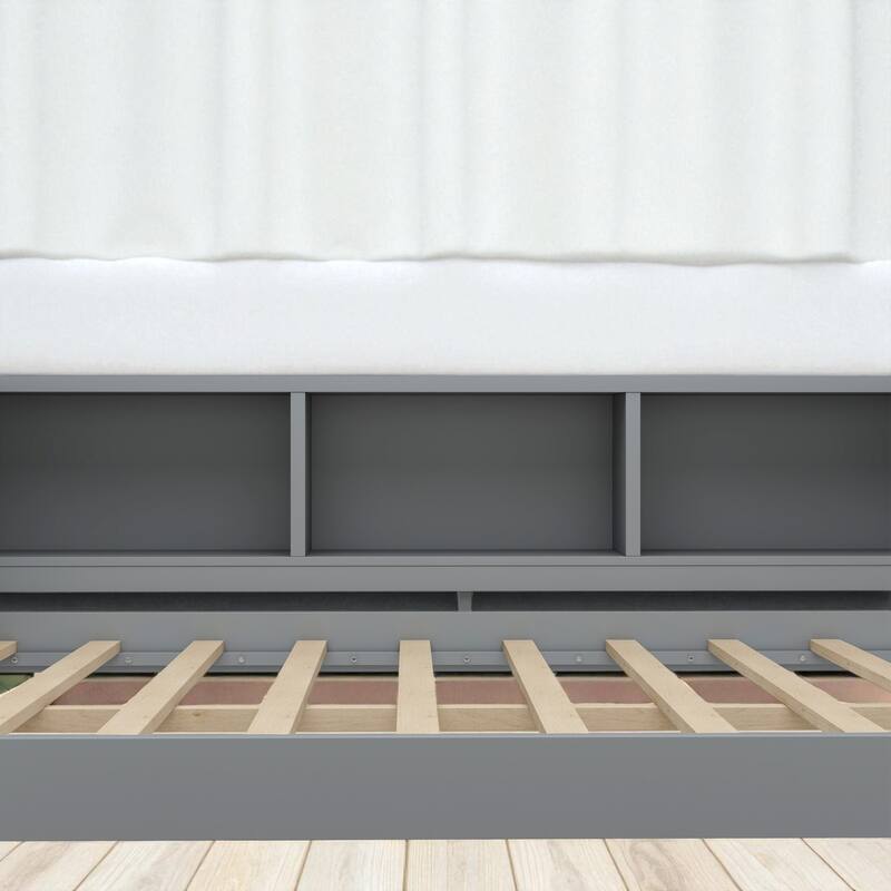 Twin/Full Size Wood Daybed with Trundle, Storage Drawers, Shelves and Built-in Desk, No Box Spring Needed