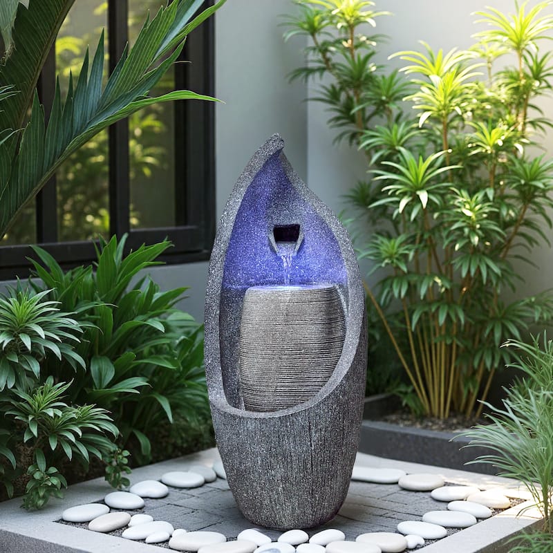 Vbal Modern Minimalist Gray Resin and Fiberglass Fountain with LED Lights Weather Resistant for Indoor and Outdoor