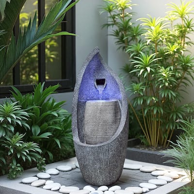 Vbal Modern Minimalist Gray Resin and Fiberglass Fountain with LED Lights Weather Resistant for Indoor and Outdoor