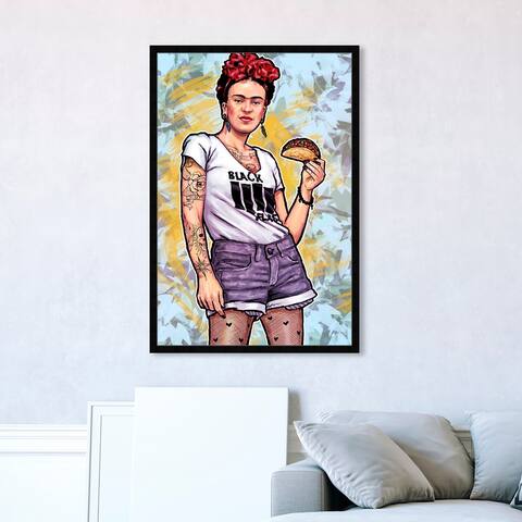 Oliver Gal 'Frida and the Taco' People and Portraits Wall Art Framed Print Celebrities - Blue, Purple