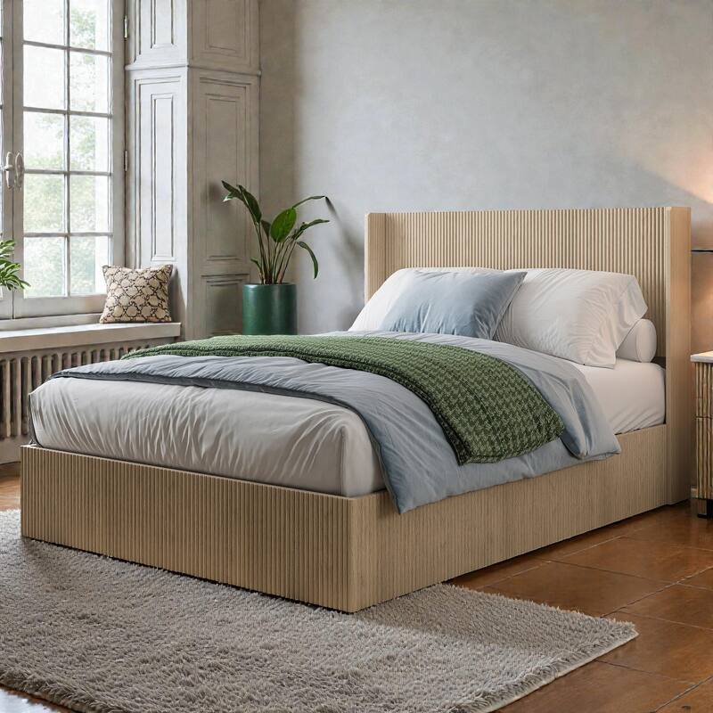 Wood Lift Storage Platform Bed with Raised Headboard, Gas Lift Design, No Box Spring Needed, Queen King