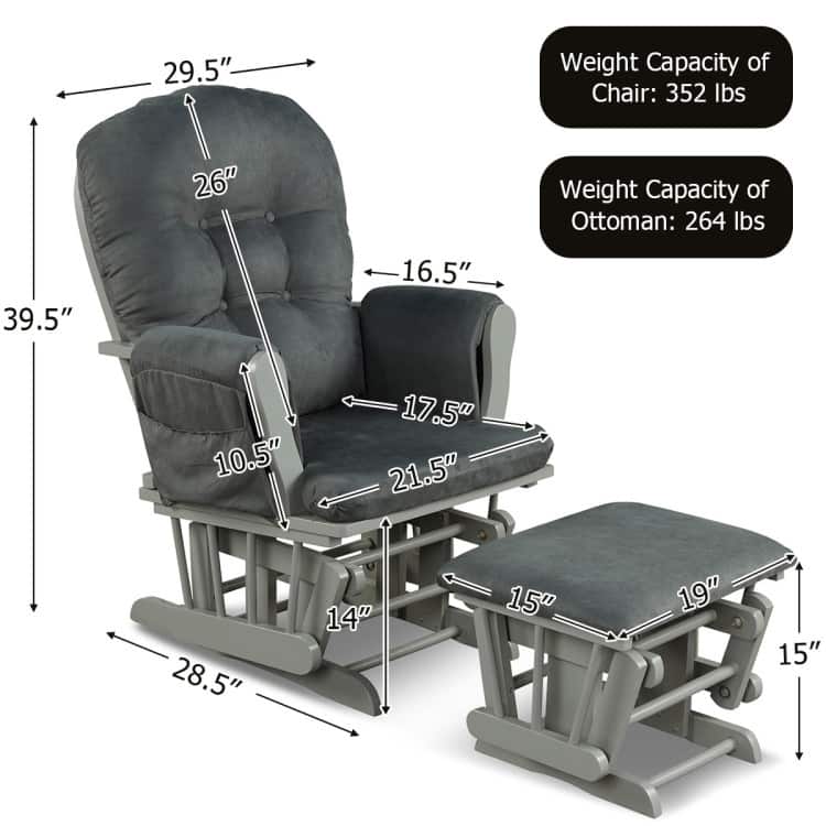 Solid Wood Gliding Chair Set with Storage Pockets and Ottoman for Relaxing - 29.5" x 28.5" x 39.5" (L x W x H)
