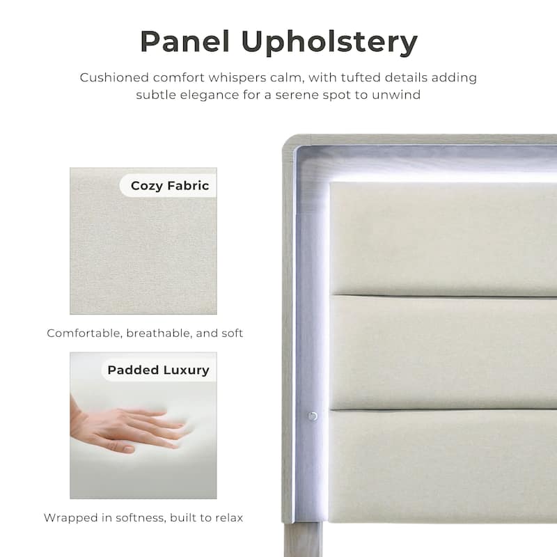 Furniture of America Thalia Modern Grey Wood Upholstered Panel Bed with LED on Headboard