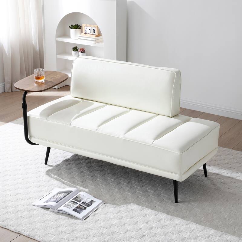 55"Inch Modern End of Bed Bench,Faux Leather Upholstered With side table,360-degree Swivel tray couch,Entryway Ottoman - Beige