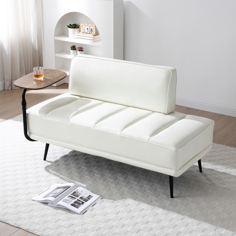 55 Inch Wide PU Sofa Bench with 360-degree Swivel Side Table and Metal Legs - Beige