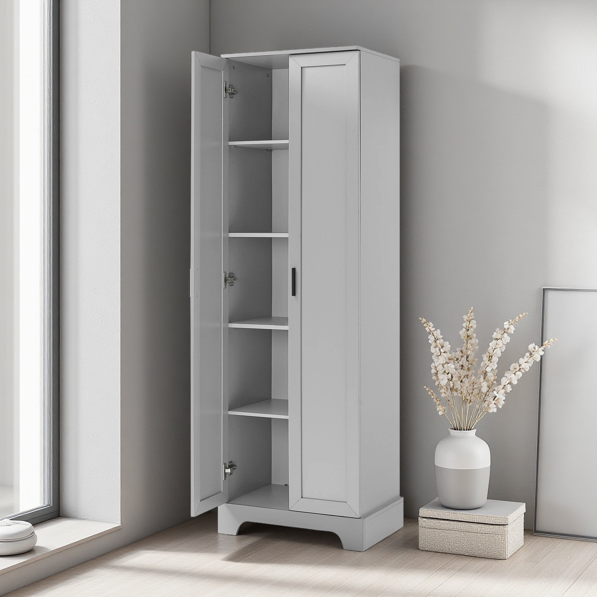 71"H Storage Cabinet with Two Doors for Bathroom, Office, Adjustable Shelf, MDF Board