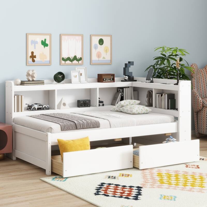 Twin Size L-shaped Bookcases Bed with Power Outlets, USB Charging Ports and Two Drawers - White
