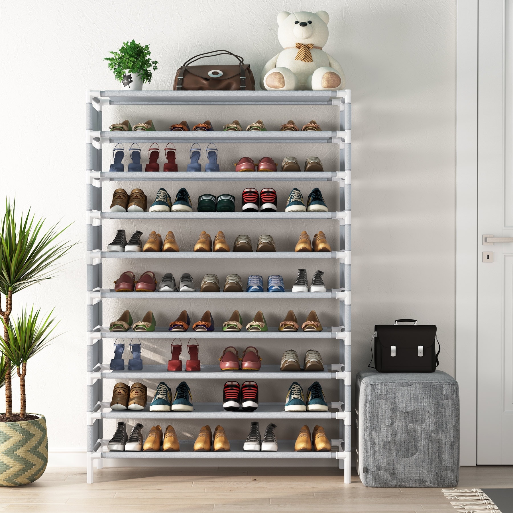 OYREL Shoes Rack 10 Tier Tall Narrow Shoe Rack with Bin Covered Shoe Shelf Storage Organizer Closet Stackable Shoe Stand