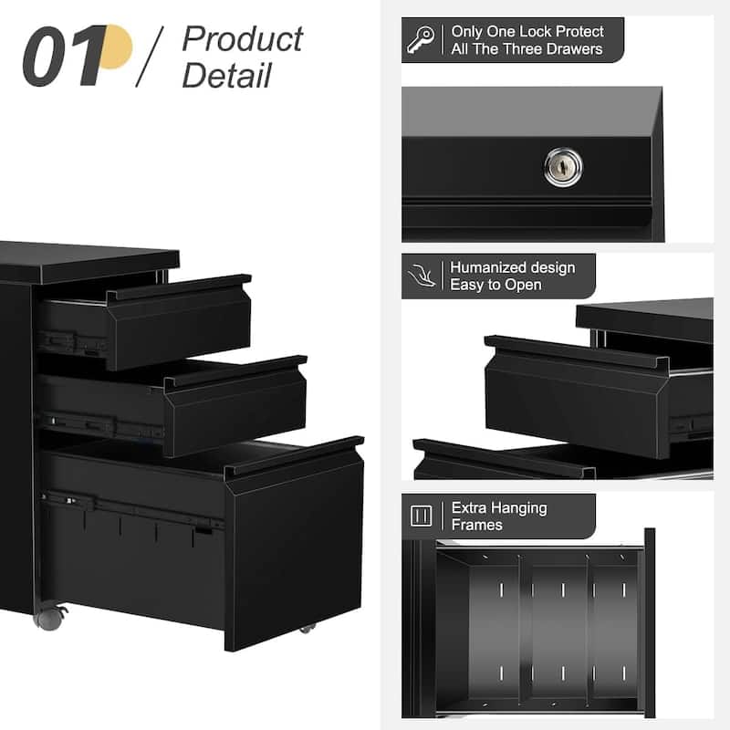 3 Drawer Metal Locking File Cabinet for Home Office, Rolling Cabinet Fully Assembled