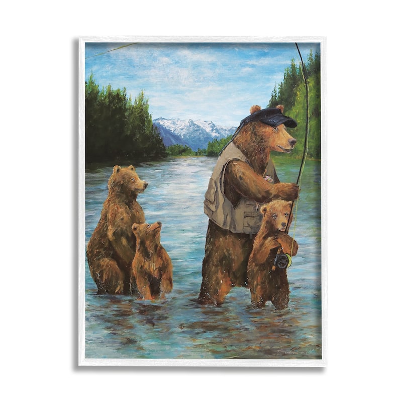 Stupell Brown Grizzly Bear Family Fishing Mountain Lake Landscape Framed Wall Art