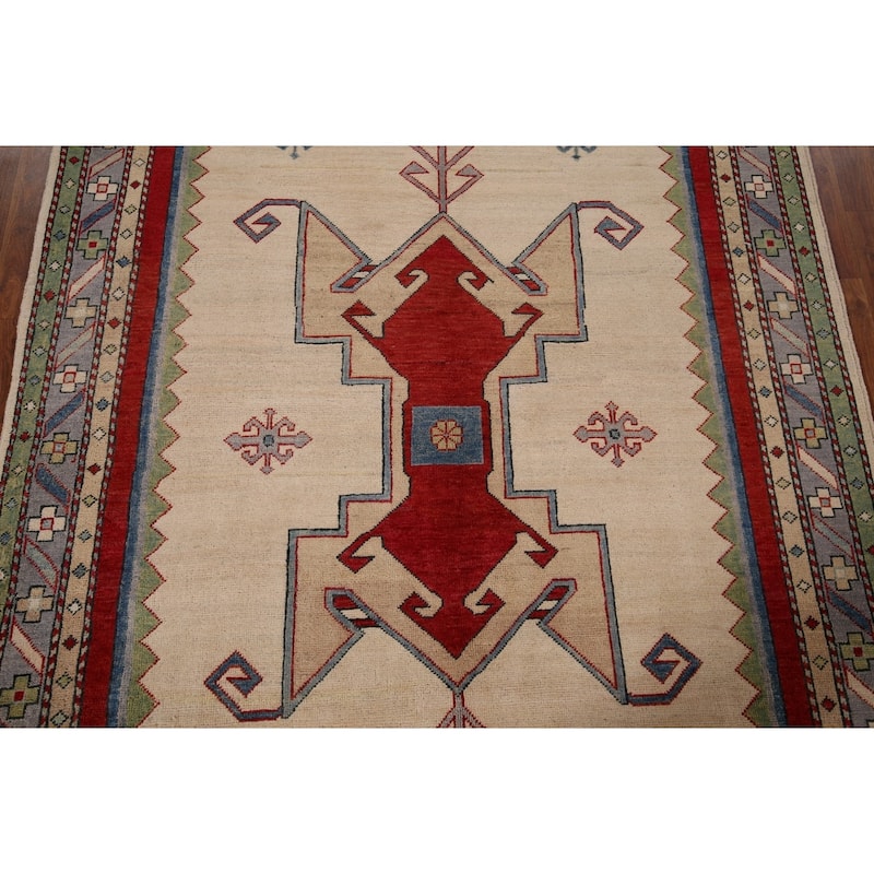 Geometric Beige Kazak Oriental Rug Hand-Knotted Bedroom Wool Carpet - 5'0" x 6'6"