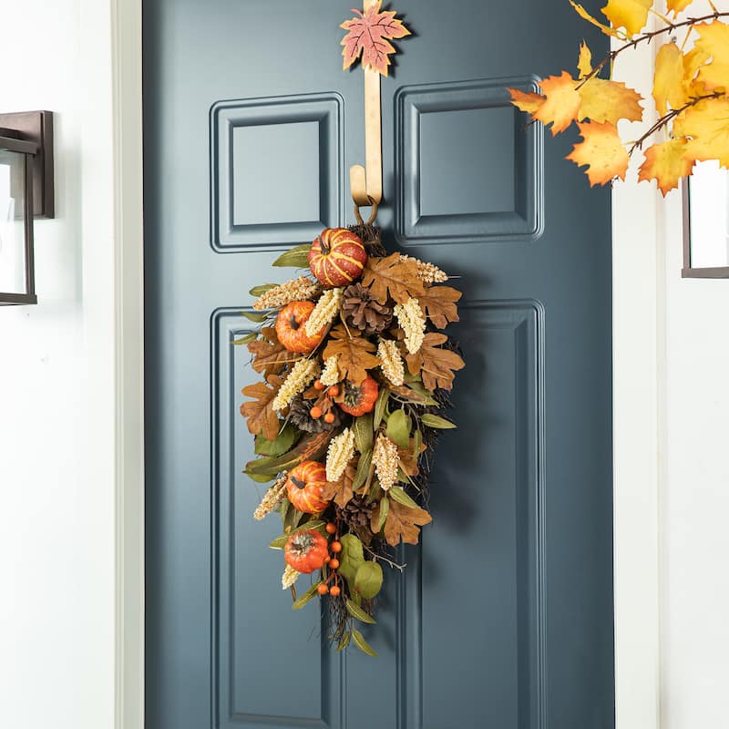 Glitzhome 26"H Fall Sunflower Pumpkin Lotus Leaf Teardrop Swag for Thanksgiving