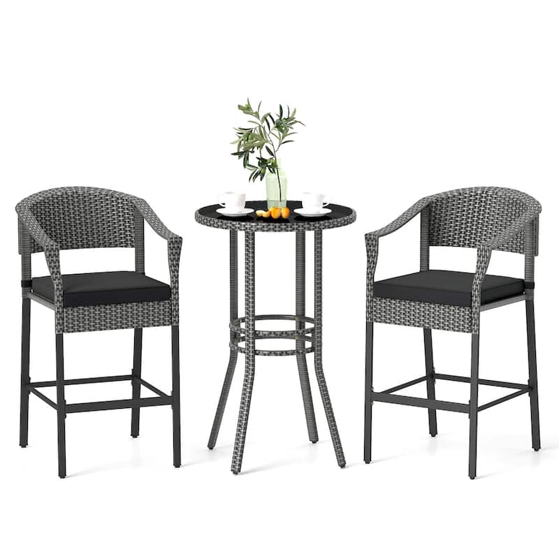 Gymax 3-Piece Patio Bar Set Outdoor Wicker Bar Height Round Table &