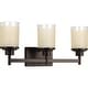 preview thumbnail 1 of 3, Alexa Collection Three-Light Antique Bronze Etched Umber Linen With Clear Edge Glass Modern Bath Vanity Light 9.4375" x 22" x 6.125"