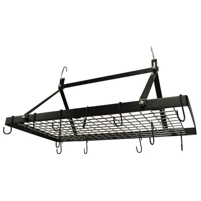 Black Metal Hanging Pot Rack with Hooks for Ceiling Kitchen Storage - Black