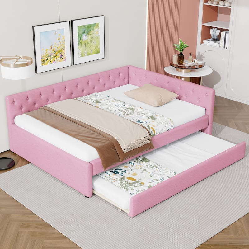 Full XL Size Upholstered Platform Bed Frame with Trundle, Elegant Tufted Button Design and Extra Sleeping Space for Bedroom