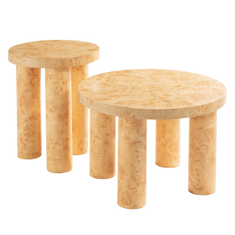 COZAYH Farmhouse Round Nesting Coffee Table Set of 2, Modern Rustic Pillar-Leg Accent Tables with Burl Wood Finish