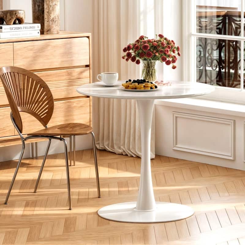 Mid-Century Modern Round Kitchen or Dining Table with Steel Pedestal Base for Dining Room - 31.5" - Matte White