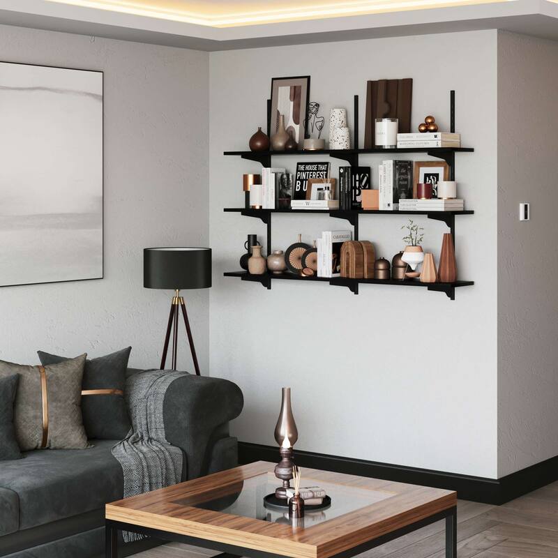 Wallniture Turin 48" Black Floating Wall Shelf with Adjustable Brackets, Hanging Shelves, Wall Mounted, Boho Decor, Tier Options