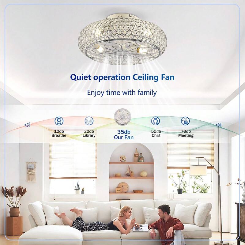 20'' Modern Flush Mount Crystal Ceiling Fans with Remote, 6 Speeds DC Motor Reversible Chandelier Ceiling Fan For Bedroom