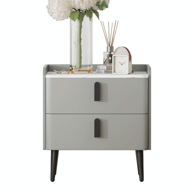 Nightstand with 2 Drawers and Marble-Pattern Tabletop