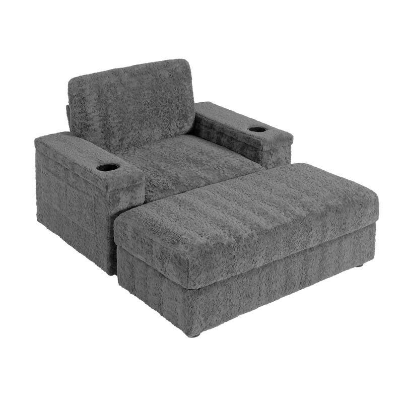Anmytek 42 Oversized Chaise Lounge Sleeper Chair - with Storage Ottoman Armrests Cup Holders Deep Seat
