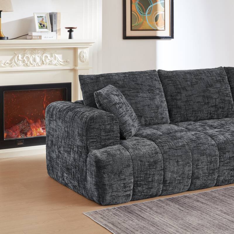 L-Shape Sectional Sofa with Chaise Lounge, Oversized Chenille Upholstered 4 Seater Sofa, Compressed Sofa with Throw Pillows