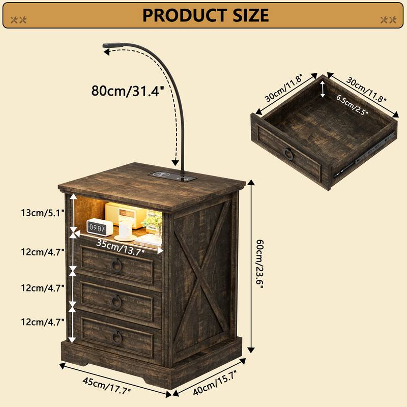 LED 3-Drawer Nightstand With and Reading Light