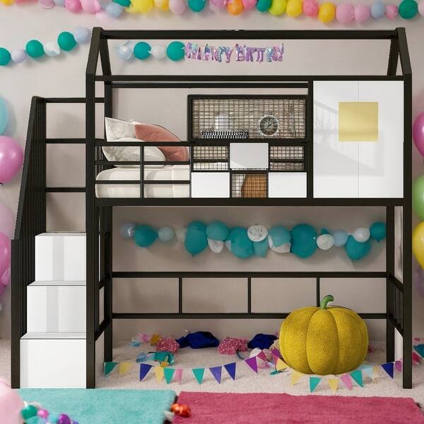 slide 2 of 14, Twin Size Loft Bed with Roof and Storage Box,Metal Sturdy Structure