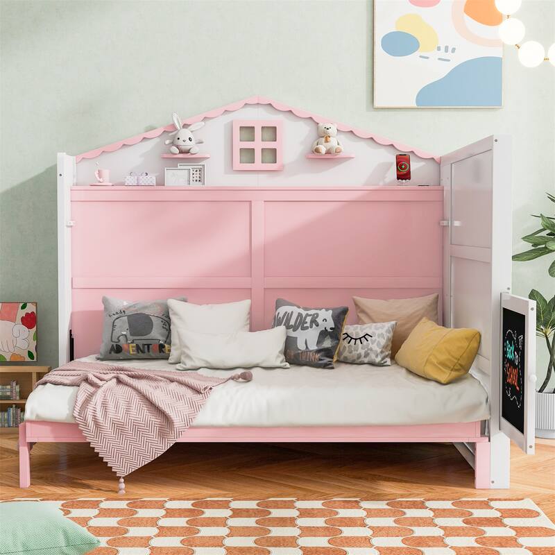 Wood Full Size House Murphy Bed with USB - Pink+White