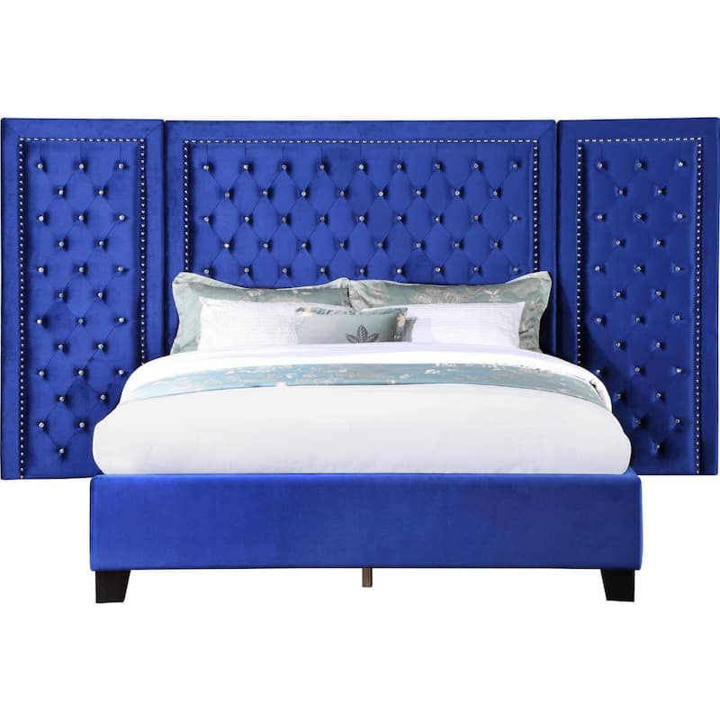 Cleo Queen Bed, Velvet, XL 3 Panel Tall Headboard, Crystal Tufted, Blue