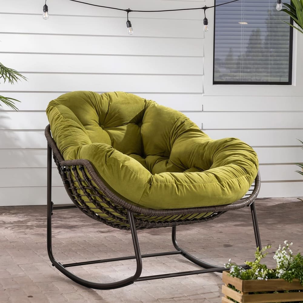Outdoor Padded Cushion Rocking Chair, Patio Oversized Rattan Egg Chair