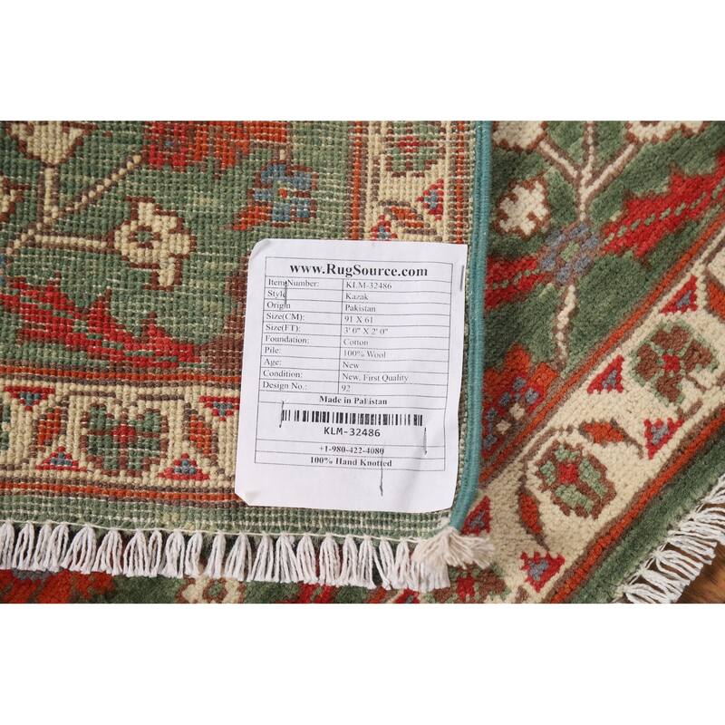 Green Floral Kazak Accent Rug Handmade Wool Carpet - 2'0" x 3'0"
