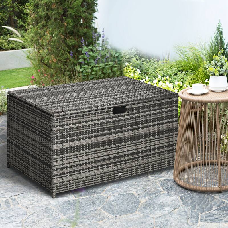 ​​Rustic Hand Woven Wicker Storage Trunk with Waterproof Liner and Hydraulic Lid for Outdoor Pool and Garden - Dark Gray