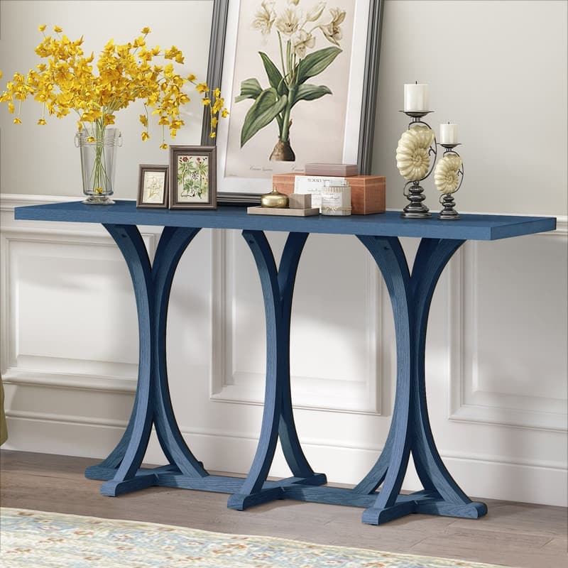 Wooden Console Table, Farmhouse Entryway Table with Oak Veneer Top and Rubberwood Curved Legs