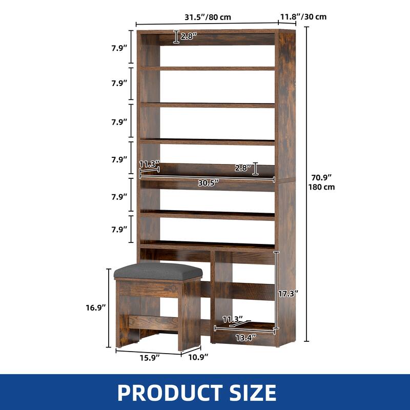 Moasis 8 Tiers Free Standing Shoe Cabinet with Hidden Bench, 70.9'' Tall Shoe Racks with Open Storage & High Boots Cubby