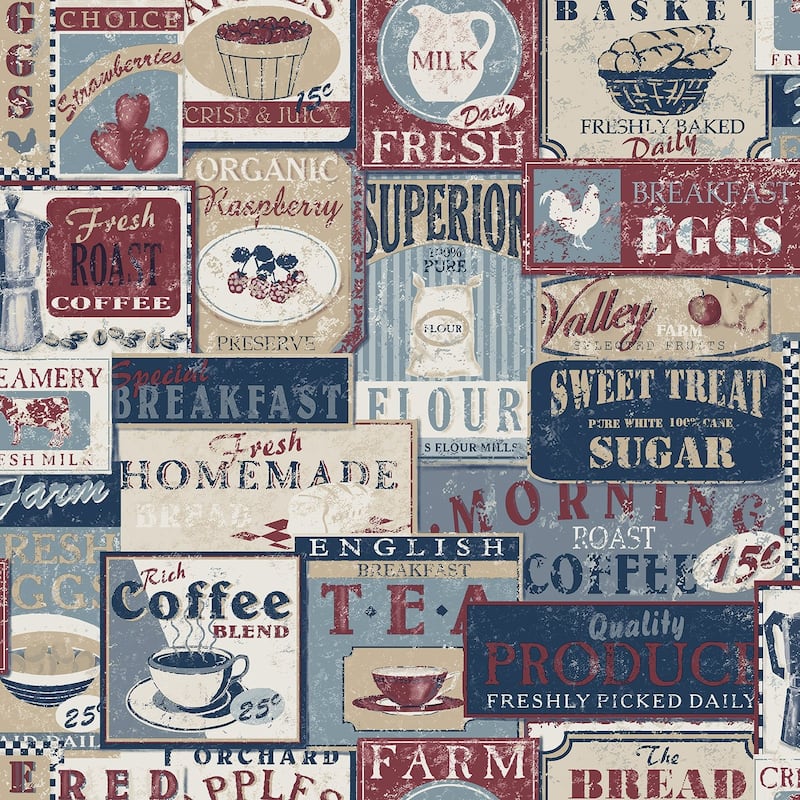 Galerie Wallcoverings Kitchen Recipes Breakfast Labels Vinyl on Non-woven Matte Wallpaper Roll - 33 feet x 21 inches - Blue/Red