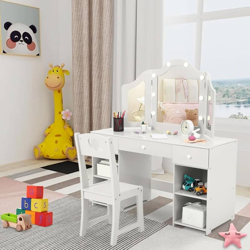 Kids Vanity Set, 2-in-1 Princess Makeup Table with Tri-Folding Mirror & Drawer