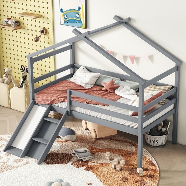 slide 2 of 19, Kid-Friendly Design Twin Size Loft Bed with Slide, Ladder, Safety Guardrails, House Roof Frame