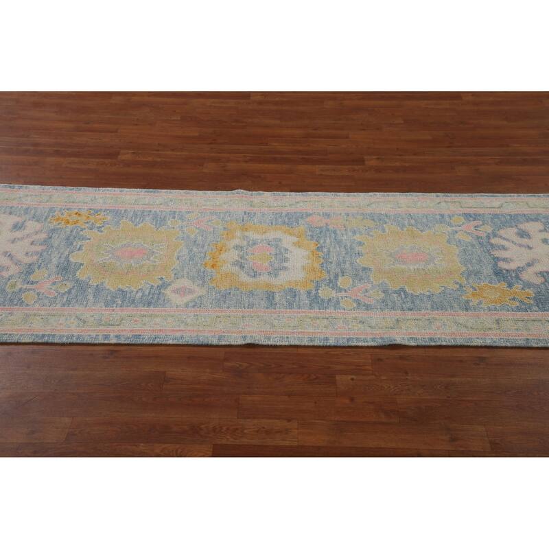 Vegetable Dye Blue Oushak Turkish Runner Rug Handmade Wool Carpet - 2'10"x 12'11"