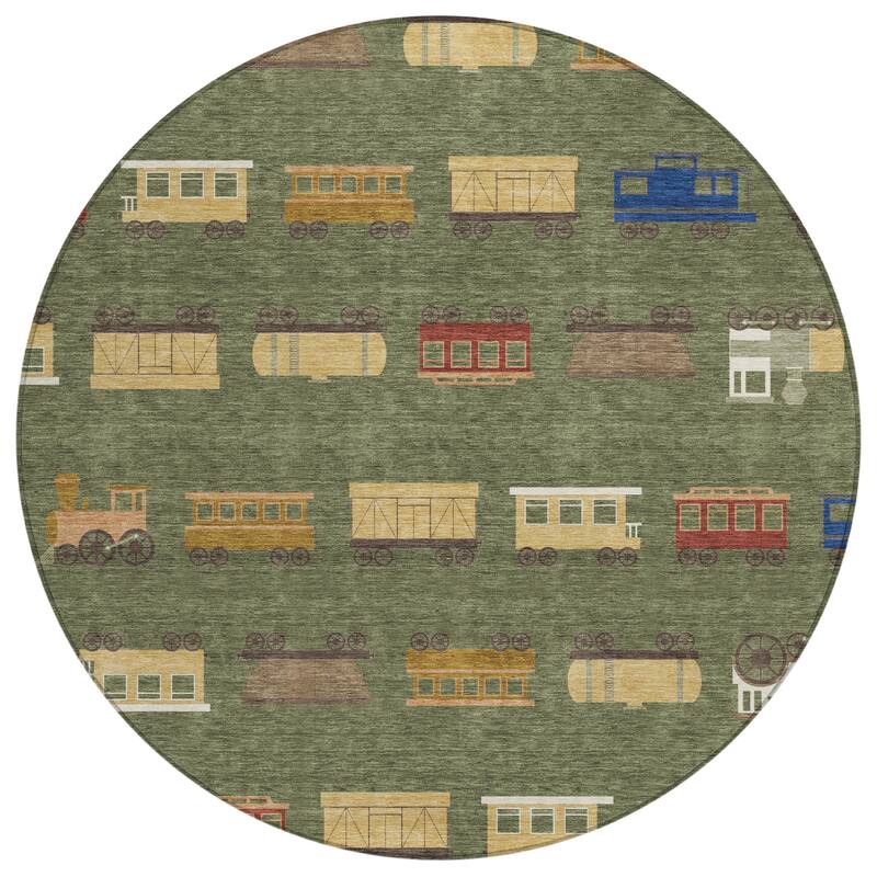 Machine Washable Indoor/ Outdoor Modern Train Chantille Rug