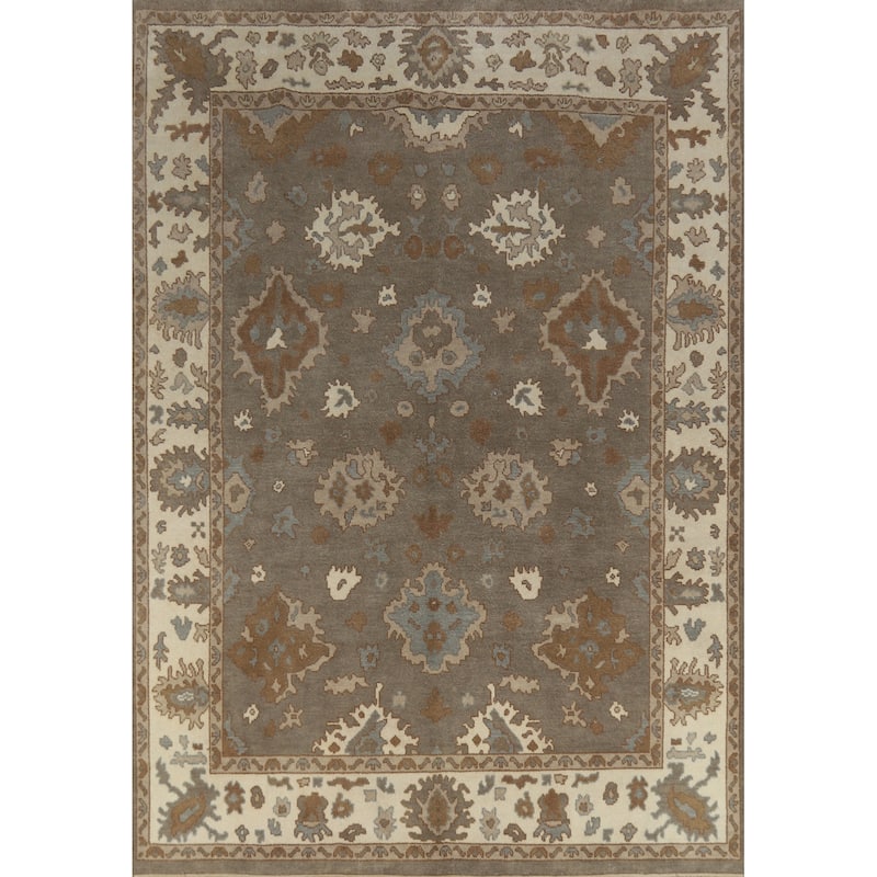 Gray Oushak Indian Area Rug Handmade Floral Transitional Wool Carpet - 7'11" x 10'1"