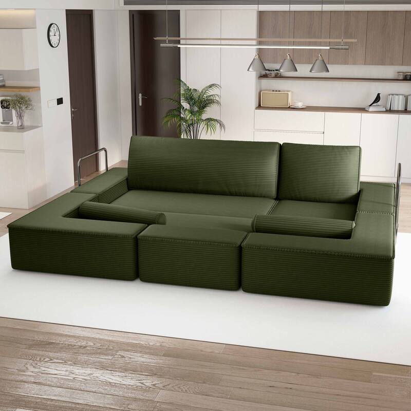 103.5" Convertible Cloud Sectional Couch, Comfy Corduroy Sectional Sofa with Deep Seat & High Pillows - Green