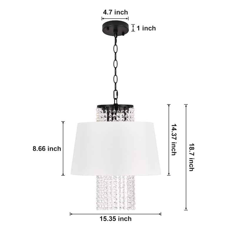 Contemporary 3 - Light Chandelier, White Fabric Shade and Crystal Drops, Black Chain - Matte Black