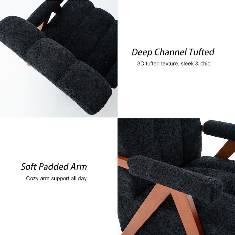 Mid Century Modern Accent Chair, Chenille Armchair with Solid Wood Legs, Channel Tufted Comfy Reading Chair for Living Room